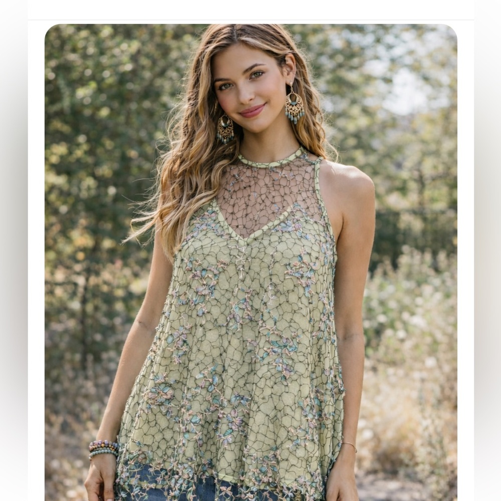 🆕 ARATTA MONACO TOP OLIVE  Lace OVERLAY Top w/embroidery & Tank top included.